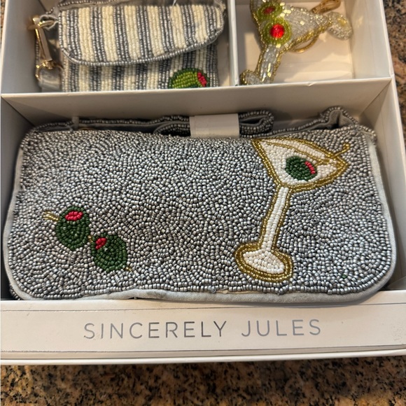Sincerly Jules Handbags - Sincerely Jules Silver Beaded Clutch with Martini Design